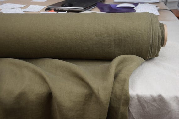 100% Linen Fabric Gloria Dusty Olive 200gsm (aprox 6oz/yd2). Washed, Naturally Creased, Pre-shrunk. High Quality, By the Yard/Meter.