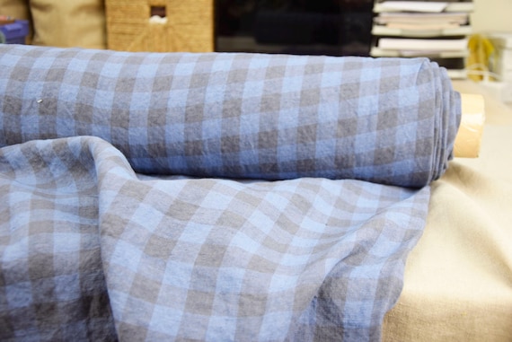 Linen Fabric "Stella Periwinkle Blue & Gray Gingham", 2cm Check, 190gsm (5.6oz), 100% Pure Organic Linen, Softened Stonewashed IN STOCK!