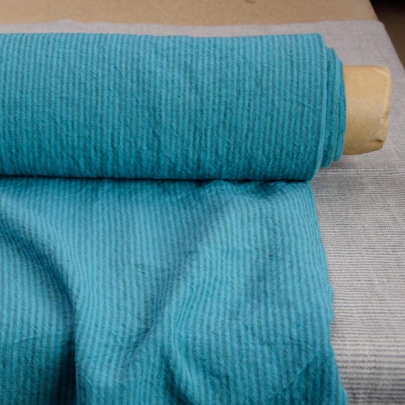 Premium 100% Linen Fabric - "Elba Bright Blue & Green Candy Stripe", 200gsm/6oz, Pantone Capri 15-4722, Aquamarine, OUT OF STOCK.