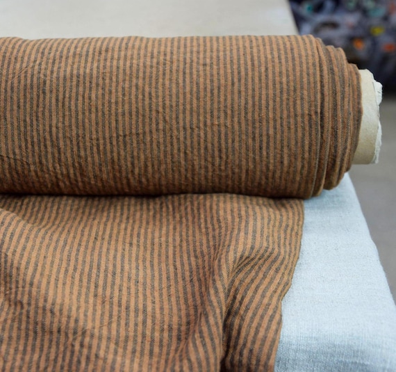 Linen Fabric "Elba Brown Candy Stripe", Stylish Earthy Brown Hue, 200gsm (6oz), Pantone 17-1336 Bran, 2025 Trendy Color, Wrinkled, IN STOCK!