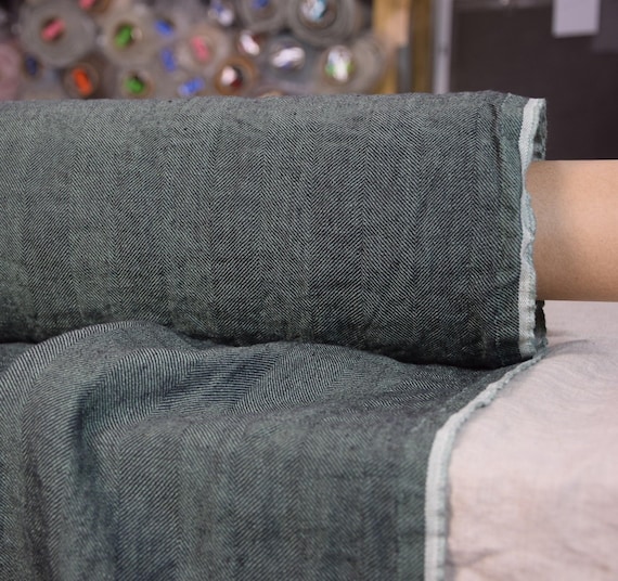 100% linen fabric Optima Rifle Green 240gsm. Quite heavy herringbone woven from black & green, muted military green. Washed. IN STOCK.