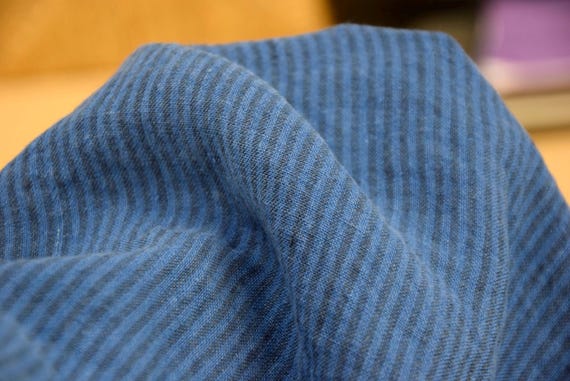 Linen Fabric "Elba Deep Blue Striped", 200gsm/6oz, 100% Pure, Vibrant Saturated Pantone Bright Cobalt, Naturally Stylish Creased, IN STOCK!