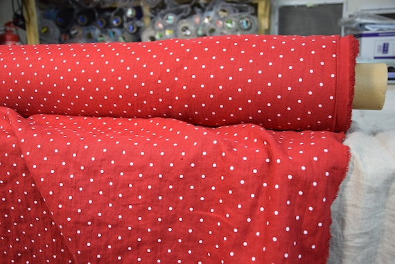 IN STOCK. Pure 100% linen fabric Gloria Purely Red Polka Dot 190gsm. Clasic red, small white dots. Washed-softened.