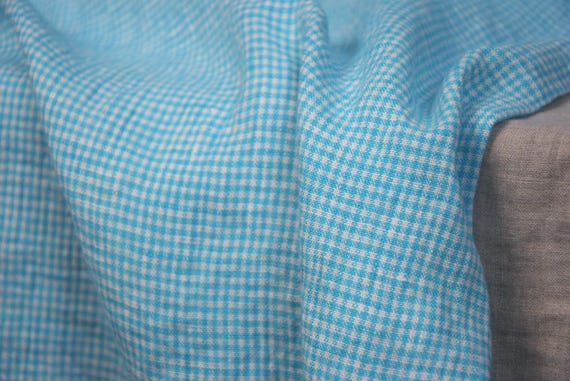 Pure Linen Fabric Terra Blue Gingham, Cyan–Turquoise & White Checks, 210gsm/6.2oz, Premium Quality, Washed, Soft, Won't shrink. By the Yard.