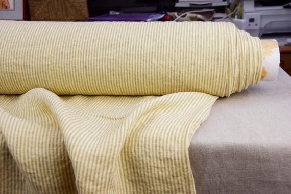 Linen Fabric "Elba Vanilla Custard Candy Stripe", 100% Linen, 200gsm/6oz, Premium Qality & Design, Pastel Yellow, By The Yard, IN STOCK!