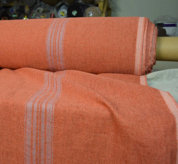 100% linen fabric "Pera Murky Orange", Blue Stripe 350gsm. French grain sack pattern Pre-shrunk. Eco-friendly heavyweight material IN STOCK.