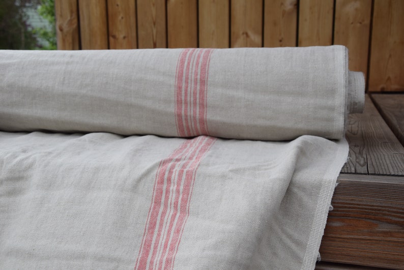 IN STOCK. 100% linen fabric Pera Natural Red Stripe 350gsm. French grain sack pattern. Pre-shrunk. Eco-friendly heavy and thick material. image 1