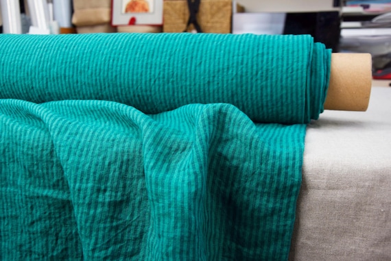 100% Linen Fabric "Elba Brilliant Emerald Candy Stripe" 200gsm/6oz. Emerald Green & Blue-Gray Striped, Premium Textile, Wrinkled. IN STOCK.