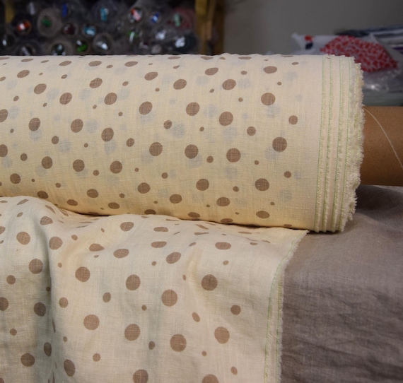 Linen Fabric - "Gloria Vanilla Dotted", Softened 190gsm, Natural Ivory & Beige Dots, Airy Drape, Polka Dot, Soft, Smooth Texture, IN STOCK!