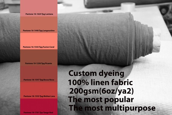 CUSTOM DYEING 100% linen fabric 200gsm (6oz/yd2). Gloria- the most popular linen fabric. Choose from Pantone red peach coral pallette No 12.