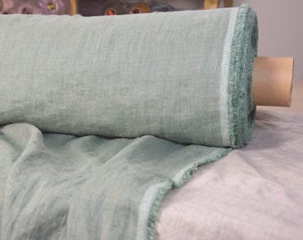 100% pure linen fabric "Margarita" heathered dusty greenish (Green Smoke color). Mid-weight 200gsm/6oz, Soft. Pre-washed. By the Yard/Meter.