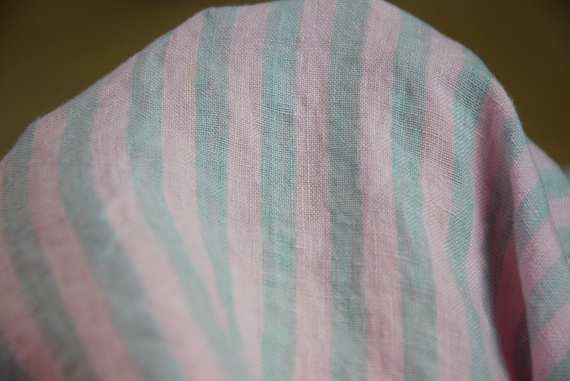 Temporarily OUT OF STOCK. Pure 100% linen fabric Aurora Greenish/Pink Stripe 160gsm(4.80oz/yd2). 8mm bengal stripe. Durable, high quality.