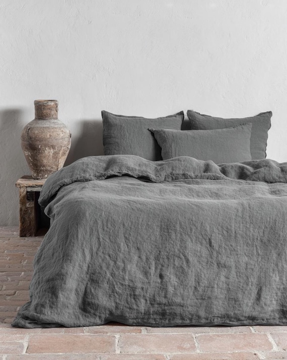 Linen Duvet Cover 100% Stone Washed Linen, Dark Gray Handmade Comforter Cover, Doona Cover, US EU Custom Sizes, IRONWOOD collection.