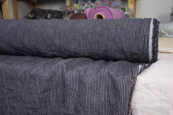 100% Linen Fabric Elba Gray and Black Stripes 200gsm/6oz. Naturally Crinkled Premium Linen - Preshrunk, Washed & Softened. By the Meter/Yard