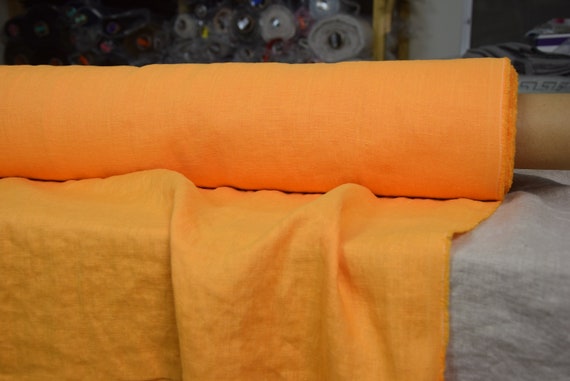 Pure 100% linen fabric Gloria Juicy Orange 190gsm(5.60oz/yd2). Vibrant orange-yellow. Washed-softened.