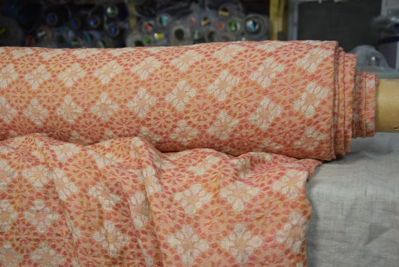 Temporarily OUT OF STOCK. 100% linen fabric Flora Juicy 155gsm (4.60oz/yd2), floral geometric jacquard pattern, washed-softened.