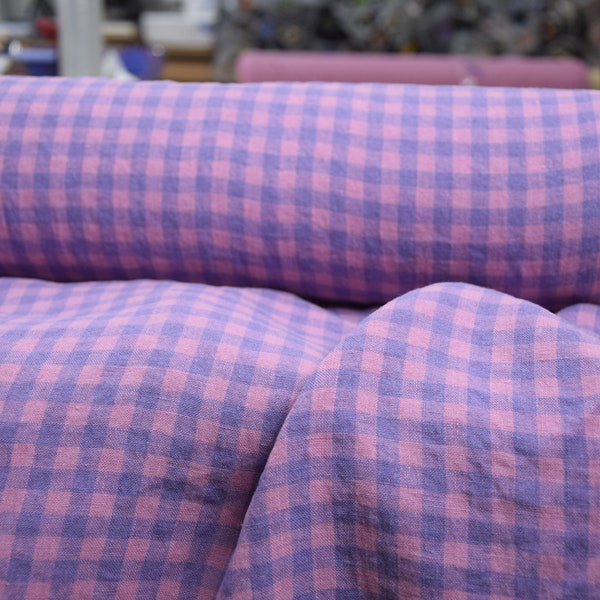 IN STOCK. Pure 100% linen fabric Aurora Pink/Violet Gingham 160gsm (4.80oz/yd2). 8mm check. Pre-shrunk. Naturally wrinkled.