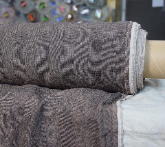 Copper Brown Herringbone Linen Fabric "Optima", Earthy Tones, Softened & Heavyweight, 240gsm, Premium Quality, Stylish Creased, IN STOCK!