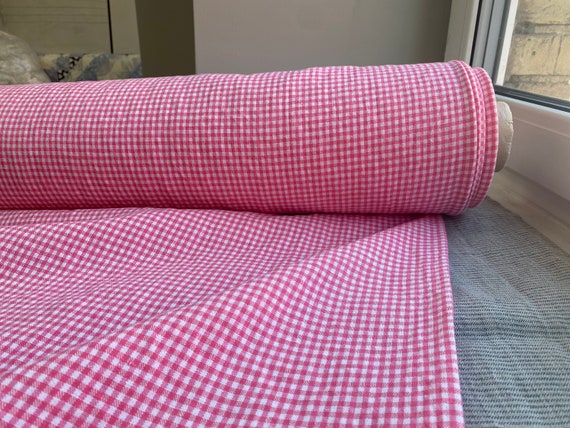 IN STOCK. Linen/cotton 48/52% fabric Olivia Barbie Pink Gingham 200gsm (5.90oz/yd2). White and deep bright purplish pink 3mm cells.
