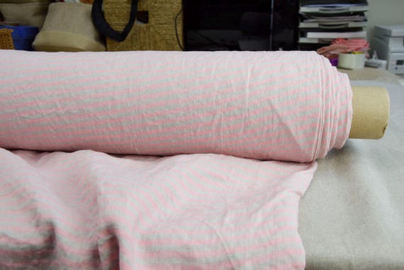 100% Linen Fabric "Aurora Pink & Greenish Stripe". 160gsm (5oz/yd2), Stonewashed, Pre-Shrunk. Premium Quality. Nice Stripe 6mm. IN STOCK!