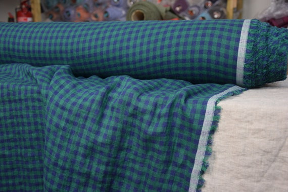 Temporarily OUT OF STOCK. Pure 100% linen fabric Aura Blue Green Gingham 125gsm (3.70oz/yd2). 8mm check.