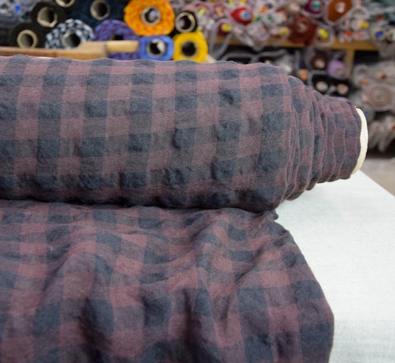 Linen Fabric "Gloria Deep Mahogany Gingham", Black/Reddish Brown Checks, 210gsm/6.2oz, Premium Quality, Lovely Creased Texture, IN STOCK!