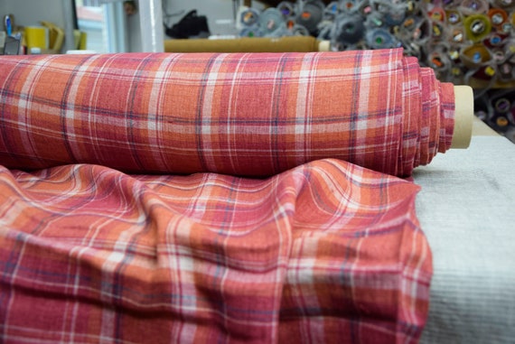 IN STOCK. Pure 100% linen fabric Gloria Red Orange Tartan 200gsm (5.90 oz/yd2). Washed-softened.