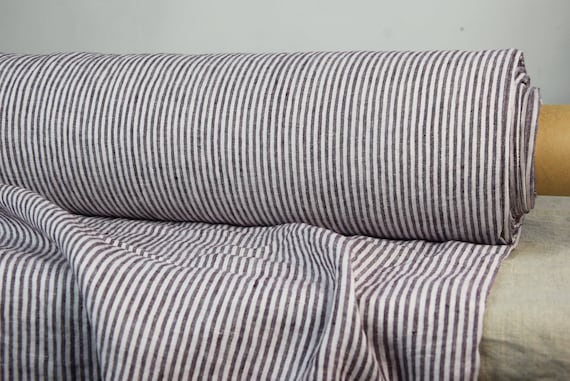 Pure 100% linen fabric "Regina Purple Striped" 130gsm. 3mm stripes grayish-purple. Washed-softened. Last piece 1.50x1.45m(59x57")! IN STOCK.