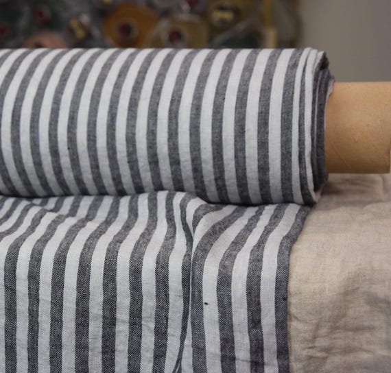Soft Striped Linen Fabric "Regina Bengal Stripes Morning Mist", Light 130gsm, Dark Gray/Pale Blue, 8mm Stripes, Washed, Premium, IN STOCK!