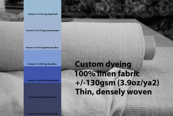 CUSTOM DYEING 100% linen fabric 130gsm (3.80oz/yd2). Aura - thin lightweight densely plainly woven linen fabric. Pantone blue pallette No 6.