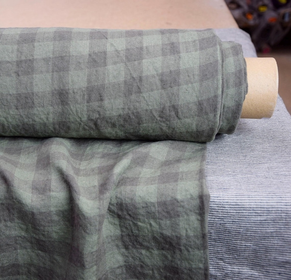 Linen Gingham Fabric - "Stella Muted Green", Grey 2cm Checks, 190gsm (5.7oz), 100% Pure,  Premium Quality, Beautiful, Organic,IN STOCK!