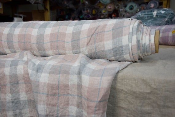 Temporarily OUT OF STOCK.  Pure 100% linen fabric Gloria Rose Windowpane Check 200gr/m2 (6oz/yd2). Washed-softened.