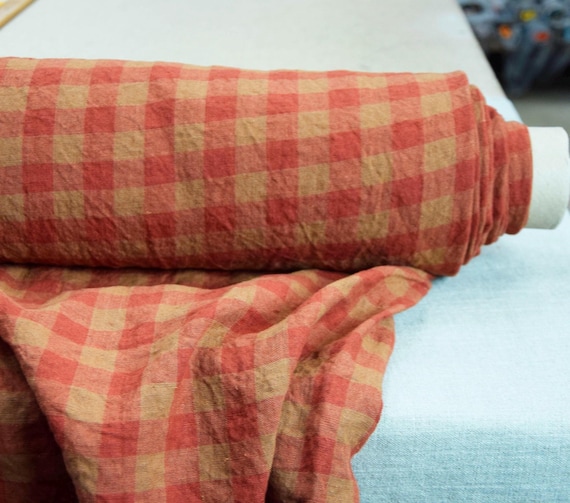 Linen Fabric "Stella Brown & Red Gingham" 100% Pure, 190gsm (5.7oz) 2cm Check, Prewashed Preshrunk Softly Creased Premium Quality, IN STOCK!