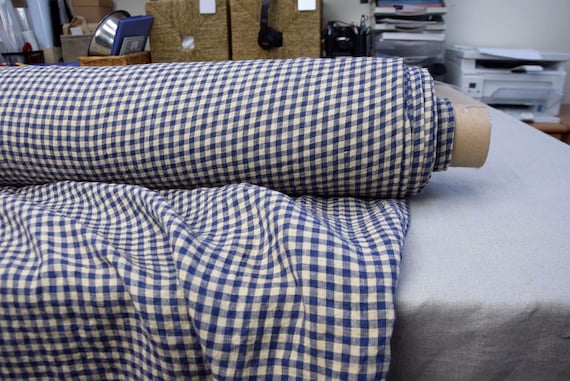 Fabric "Aurora Blue & Tender Peach Gingham", Premium, Lightweight 160gsm/5oz, 6mm Check, 100% Pure Linen, Soft Natural, Wrinkled, IN STOCK!