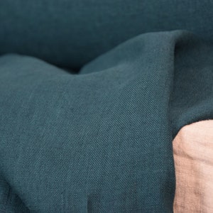 Pure linen fabric Gloria Slate Teal.  Blue and green, saturated dark teal is dressy and dramatic. A dose of black gives it a deep richness. Middle weight, dense, not sheer, plain. Washed-softened, will not  shrink any more.