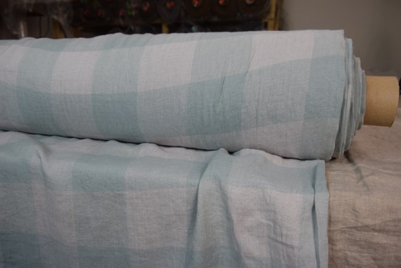 IN STOCK. Pure 100% linen fabric Margarita Gameboard Pattern Aqua/Gray 190gsm. 8cm checks. Washed-softened.