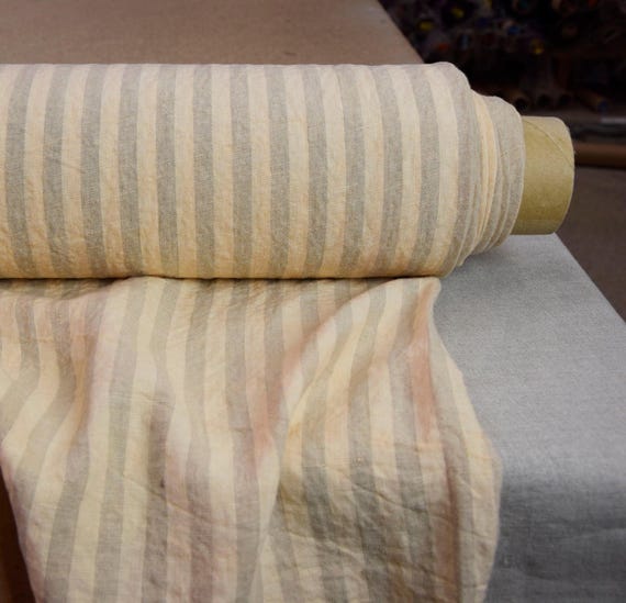 Linen Fabric "Gloria Pastell Yellow Bengal Stripe" 100% Pure, Soft, Premium, 200gsm/6oz, Pastell Yellow, Pantone 12-0815 Rose Tan, IN STOCK!