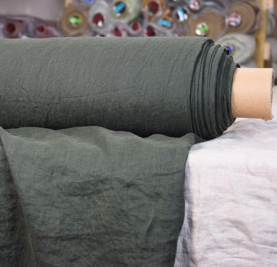 Creased Texture Linen Fabric "Regina Dark Military Green", Muted Green-Gray, Lightweight 130gsm/3.9oz, Premium, Soft, Stunning, IN STOCK!