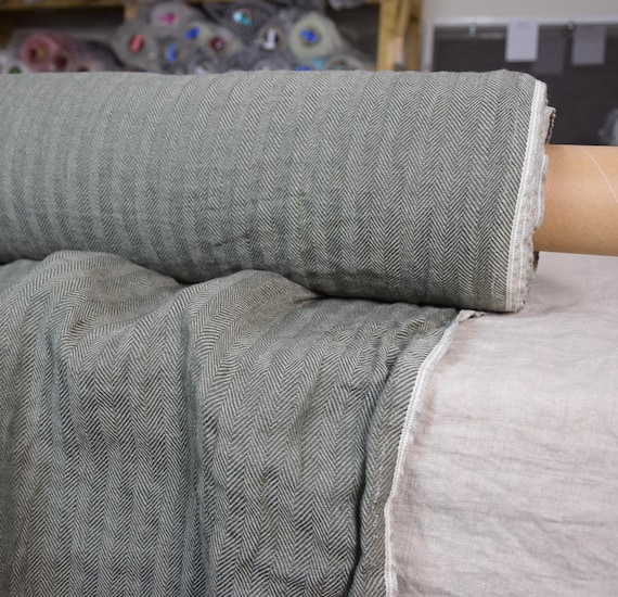 Herringbone Linen Fabric - Sigma, Mossy Stone, 220gsm, 100% Pure, Soft, Washed, Dusky Green, Ready to Ship! IN STOCK!
