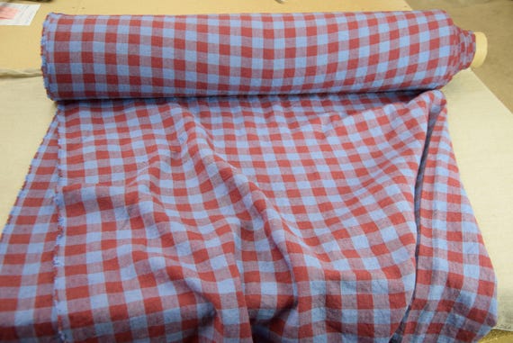 Linen fabric Stella Blue/Red Gingham 190gsm (5.7oz/yd2). Red & Very Peri Pantone 2cm checks. Premium 100% linen. Soft, Drapey.