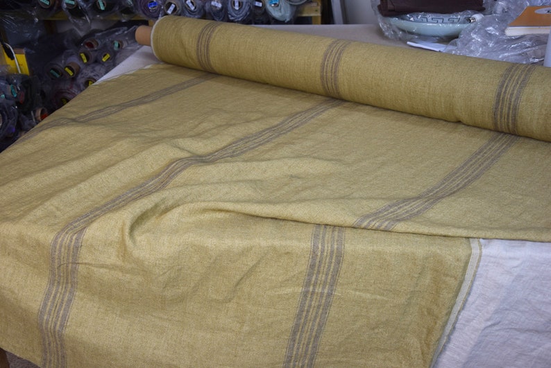 Eco-friendly heavy thick material. WashedPre-shrunk 100/% linen fabric Pera Brown Stripe 350gsm French grain sack pattern