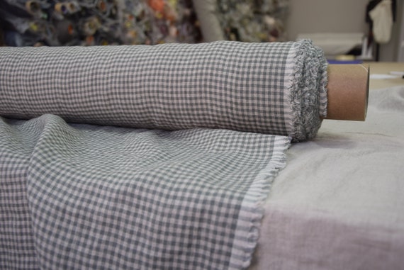 IN STOCK. Linen fabric Elba Green-Gray 3.5mm Gingham 200gsm (5.90oz/yd2). Undyed flax and ash green colors, vichy pattern. Washed-softened.