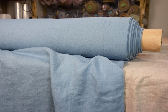 Temporarily OUT OF STOCK. Pure 100% linen fabric Gloria Granada Blue 190gsm. Delicate, pastel, not too bold. Washed-softened.
