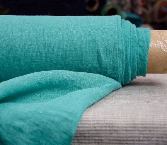 Sheer pure 100% linen fabric "Serena Carnival Glass" 95gsm(2.80oz/yd2). Pantone 13-6030, green-cyan. OUT OF STOCK. Custom dyeing available.