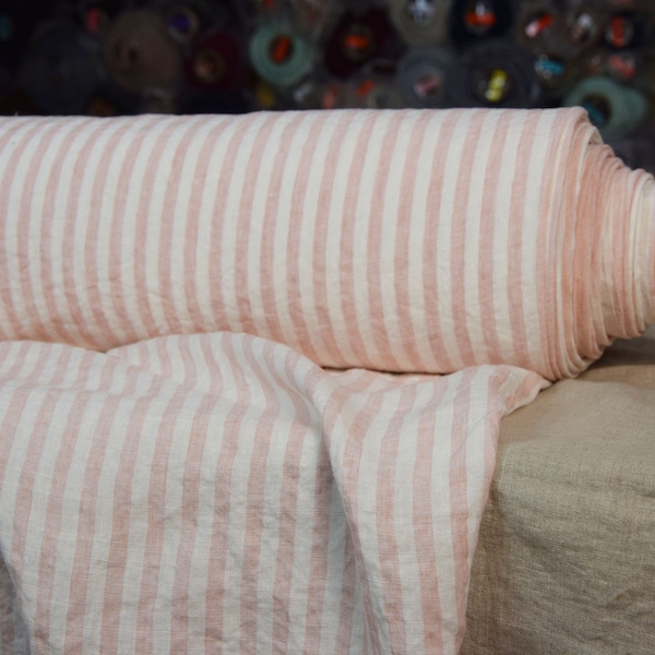 Temporarily OUT OF STOCK. Pure 100% linen fabric Aurora Blush Pink Stripe 160gsm(4.80oz/yd2). 8mm striped. Washed-softened.