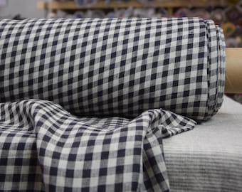 Linen Fabric "Aura" Black/Gray Gingham, 8mm Check, Lightweight 125gsm/3.7oz, 100% Pure Linen, Softened, Preshrunk.  Only a sample available.