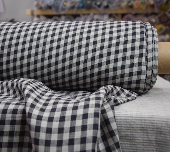 Linen Fabric "Aura Black/Gray Gingham", 8mm Check, Lightweight 125gsm/3.7oz, 100% Pure Linen, Softened, Preshrunk, Ready to Ship! IN STOCK!