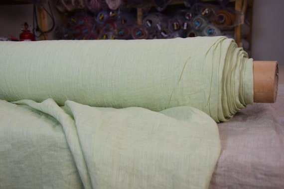 Very thin 95gsm semi-sheer pure 100% linen fabric Serena Lime Cream. Pale lime greenish. Washed-softened. Temporarily OUT OF STOCK.