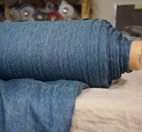 Pure 100% linen fabric "Delta Blue/Green" Small Pattern 140gsm (4.15oz/yd2). Washed-softened. Pre-shrunk. Naturally wrinkled. IN STOCK.