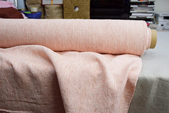Linen Fabric "Elba Orange Pencil Pinstripe", Premium Stonewashed 200gsm/6oz Pure Linen, Preshrunk, Naturally Creased, By The Yard, IN STOCK!